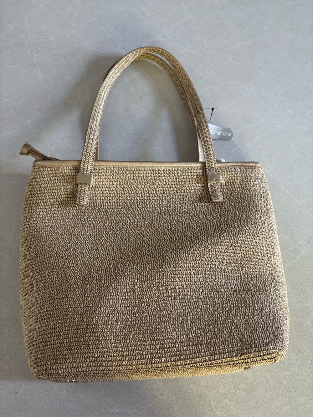 NWT Chico's Woven Straw with Metallic Details Shoulder Tote Bag Gold